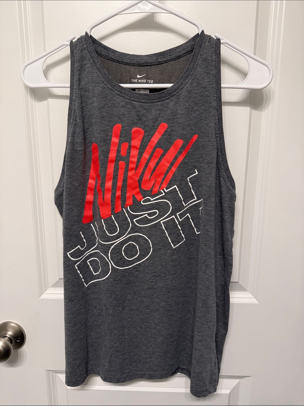 Nike Women's Dark Gray Tank with Red Script and White Graphic